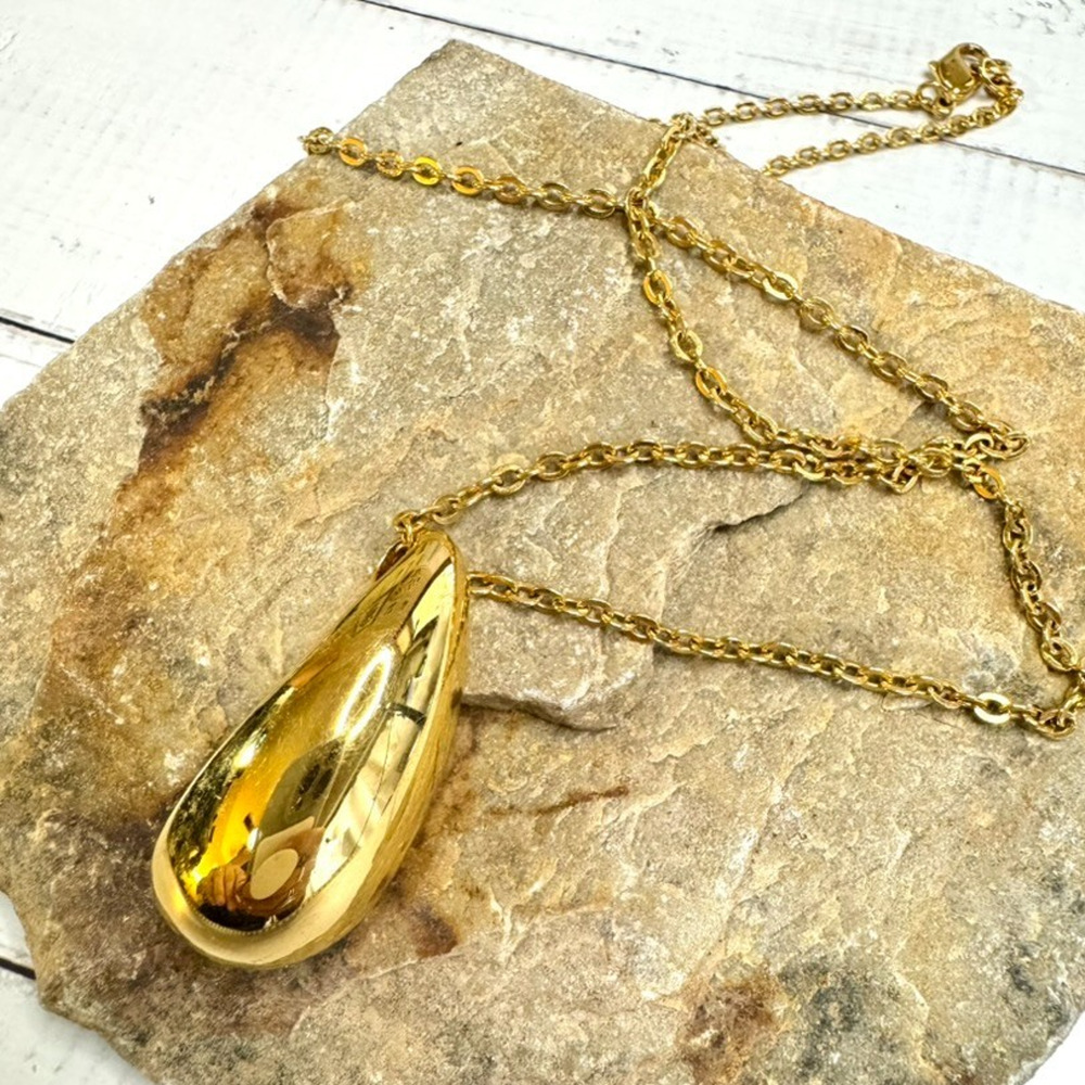 Monet Teardrop Necklace Long Gold Tone 20" Oval Chain Shiny Puffy Tear Drop